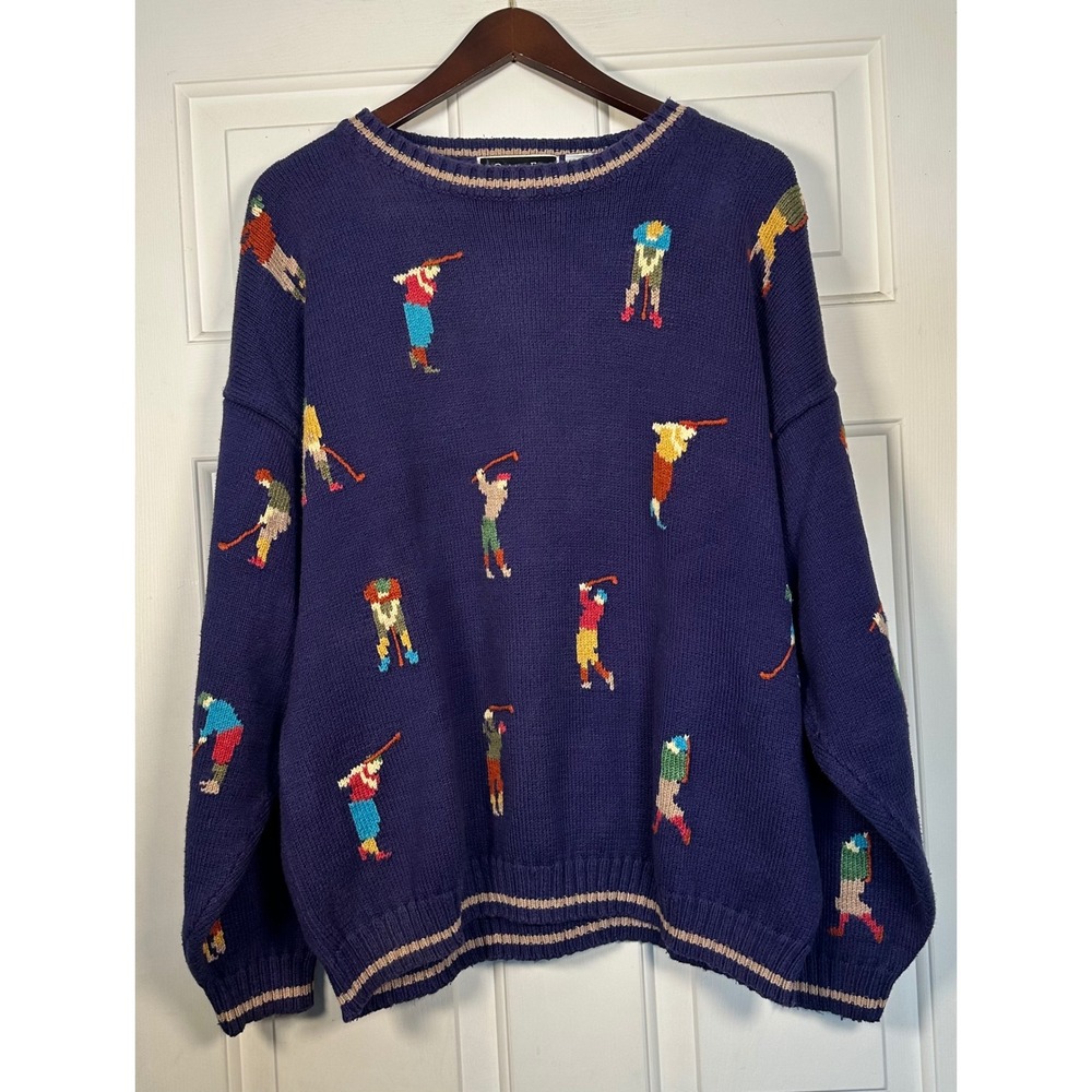 Christine Foley Vintage Golf Intarsia Cotton Knit Sweater Navy Blue XL Womens